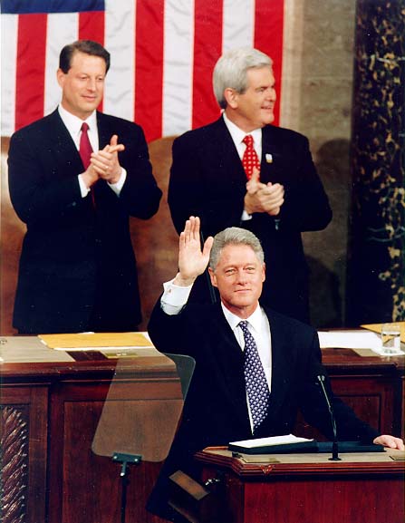 President Clinton waving during the state of the union (Newt Gingrich and Al Gore in background)