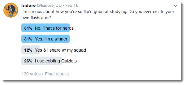 Screenshot of poll on Twitter where 69% of students responded that they use Flashcards.