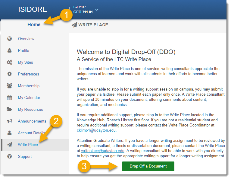 Screenshot of Isidore indicating how to access DDO. First, go to the Isidore Homepage. Then, click on the Write Place tool in the tool menu. Then click on the Drop Off a Document button to submit an assignment.